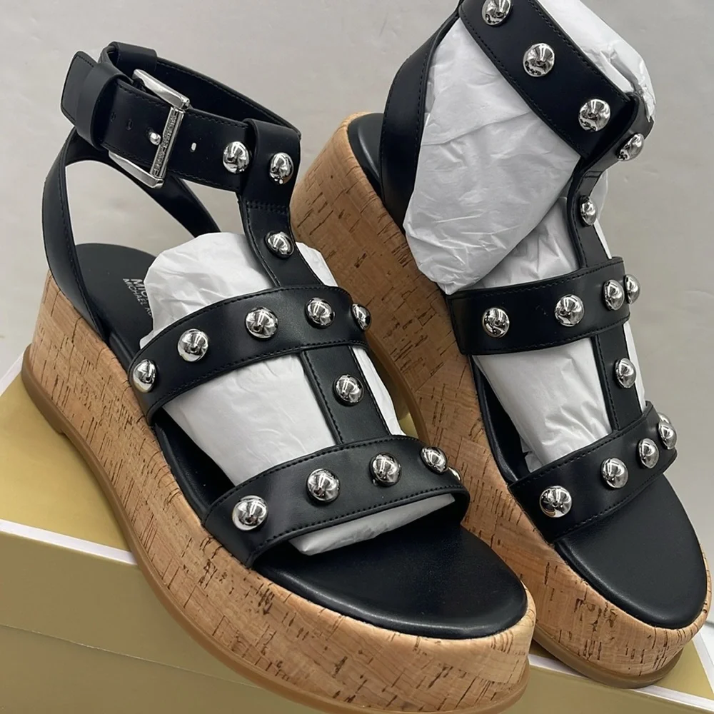 MICHAEL KORS Selah Studded Platform Gladiator Silver Studded Sandal Black  New